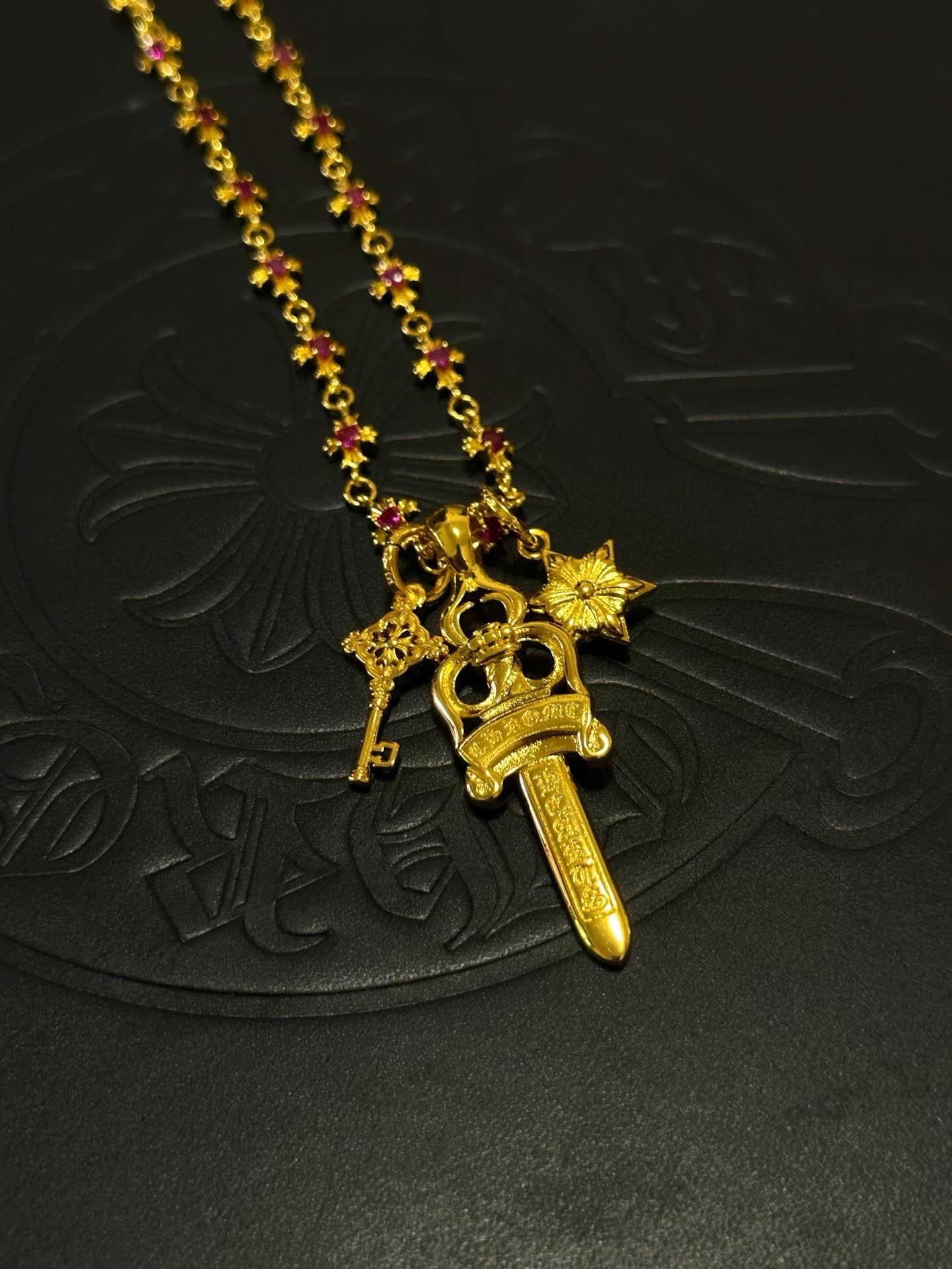 Chrome Hearts Royal Gold and Ruby Necklace with Sword Pendant